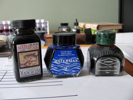 From the left: Noodler’s Black, Waterman Florida Blue, Diamine Monaco Red